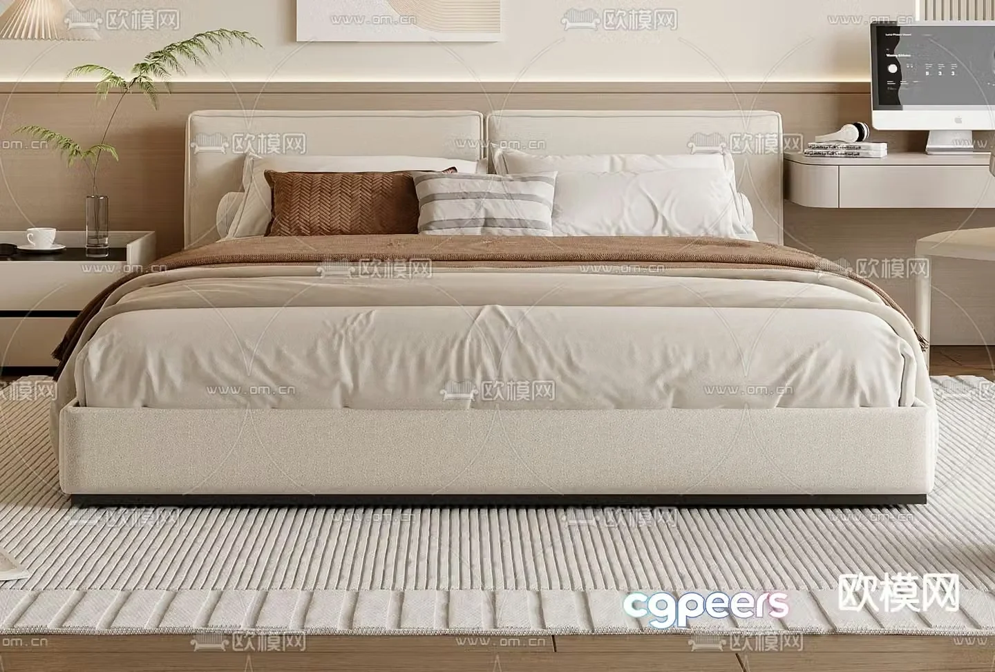 Cream style double bed 3d model