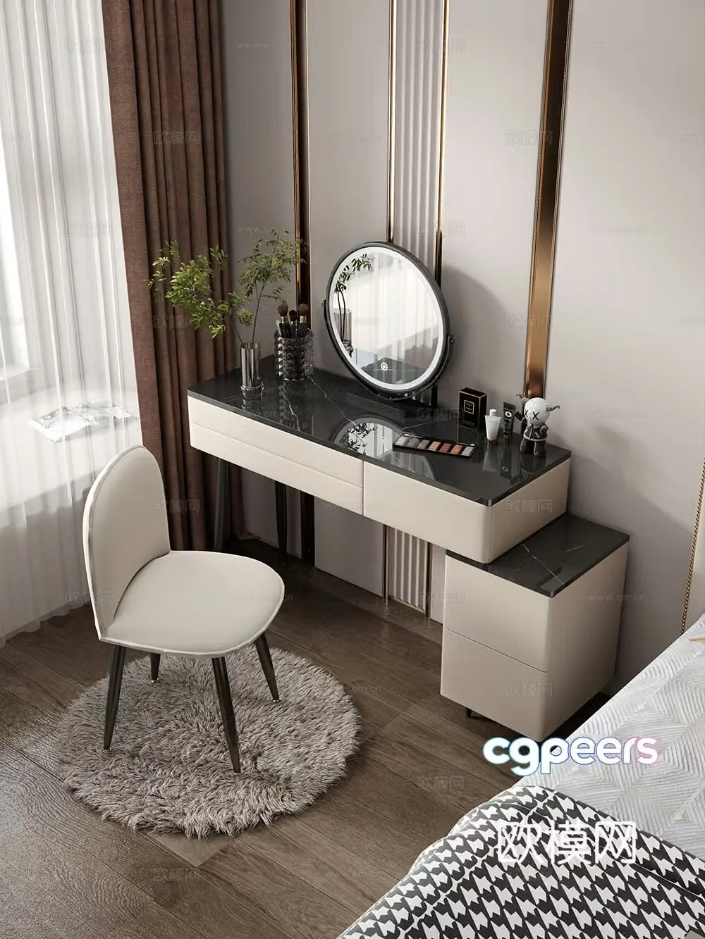Modern style dressing table makeup stool combination dressing table makeup stool mirror decoration hanging painting 3D model