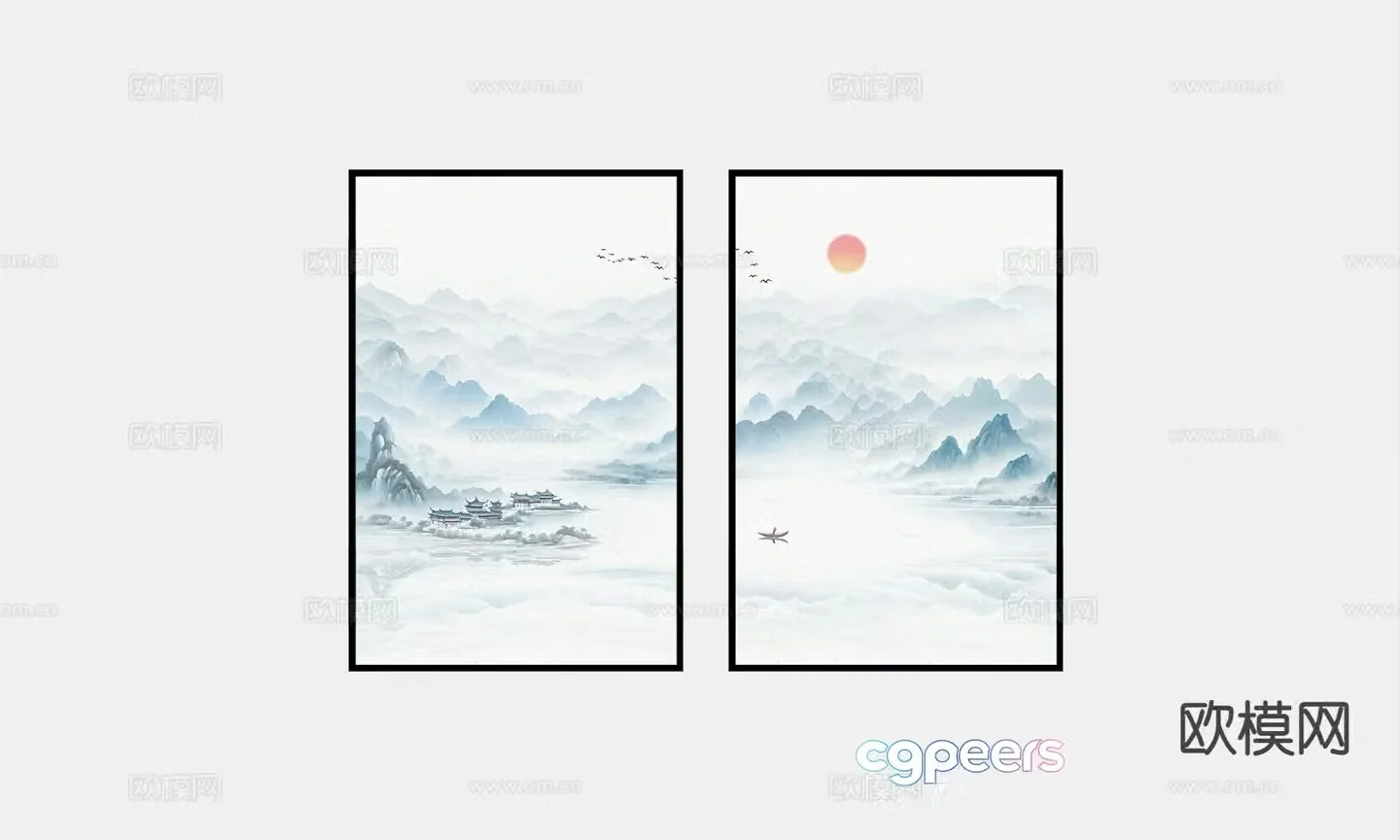 New Chinese style landscape painting decorative painting 3D model