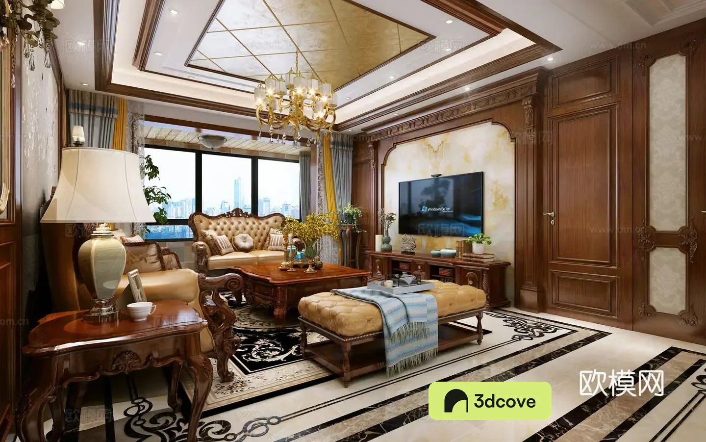 Traditional American style living and dining room sofa and coffee table dining table and chairs hanging paintings objects and ornaments