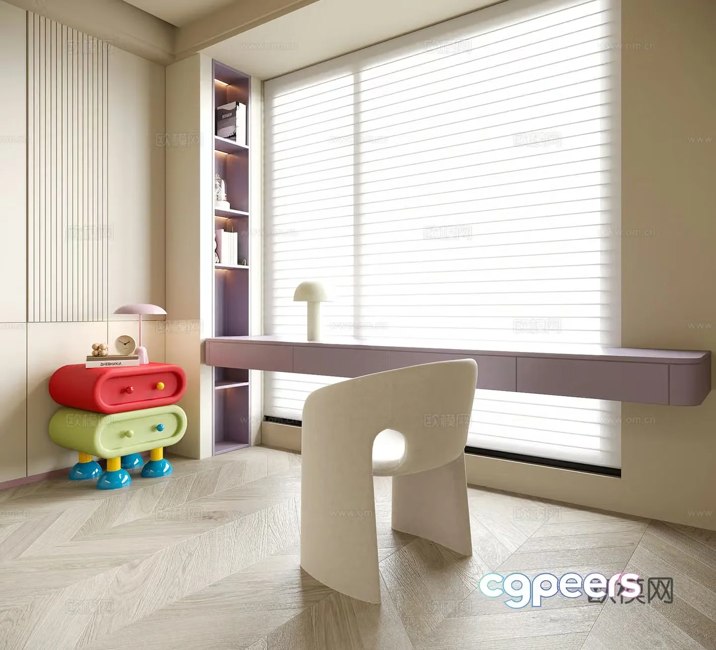 Modern bedroom desk and chair children’s bedside table venetian blinds 3d model