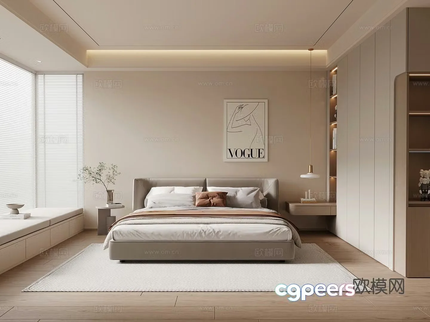 Modern simple bedroom wardrobe fabric double bed bedside table 3D model