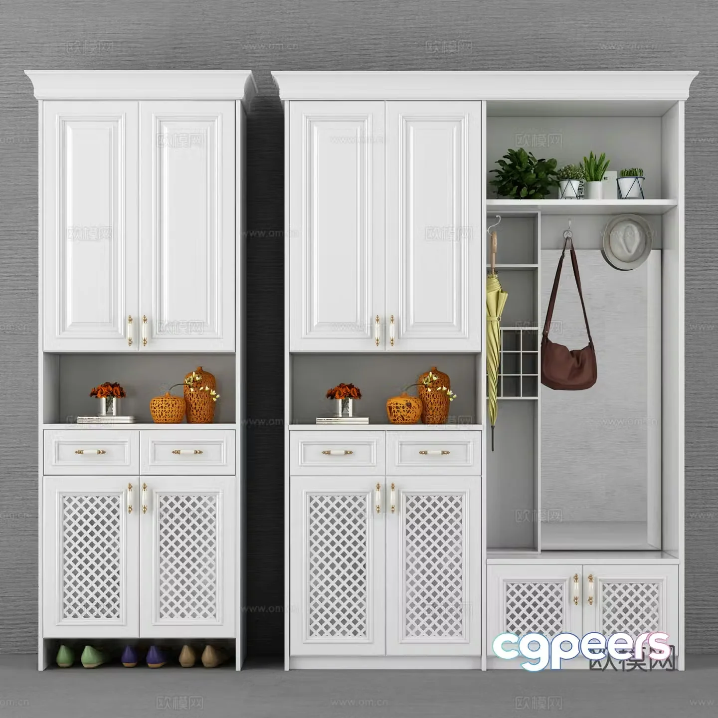 European-style simple European and American solid wood shoe cabinet simple European shoe cabinet white shoe cabinet Nordic shoe cabinet plant ornament umbrella 3D model