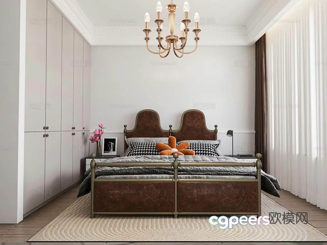 Chinese style bedroom master bedroom wrought iron double bed 3D model