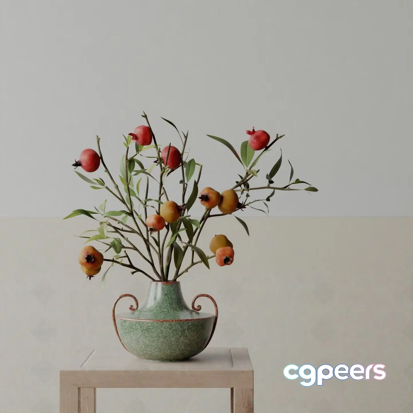 A Vase With Fruit And Leaves 3D Model – 10270 – VRAY Render