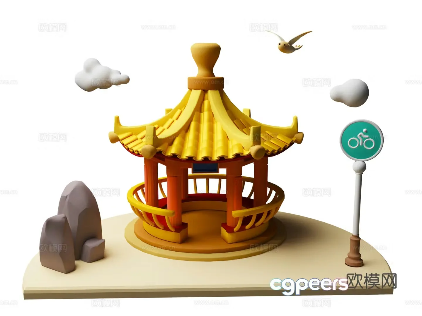 Cartoon characters cartoon Chinese pavilion cartoon pavilion scene beautiful atmosphere spring outing 3D model