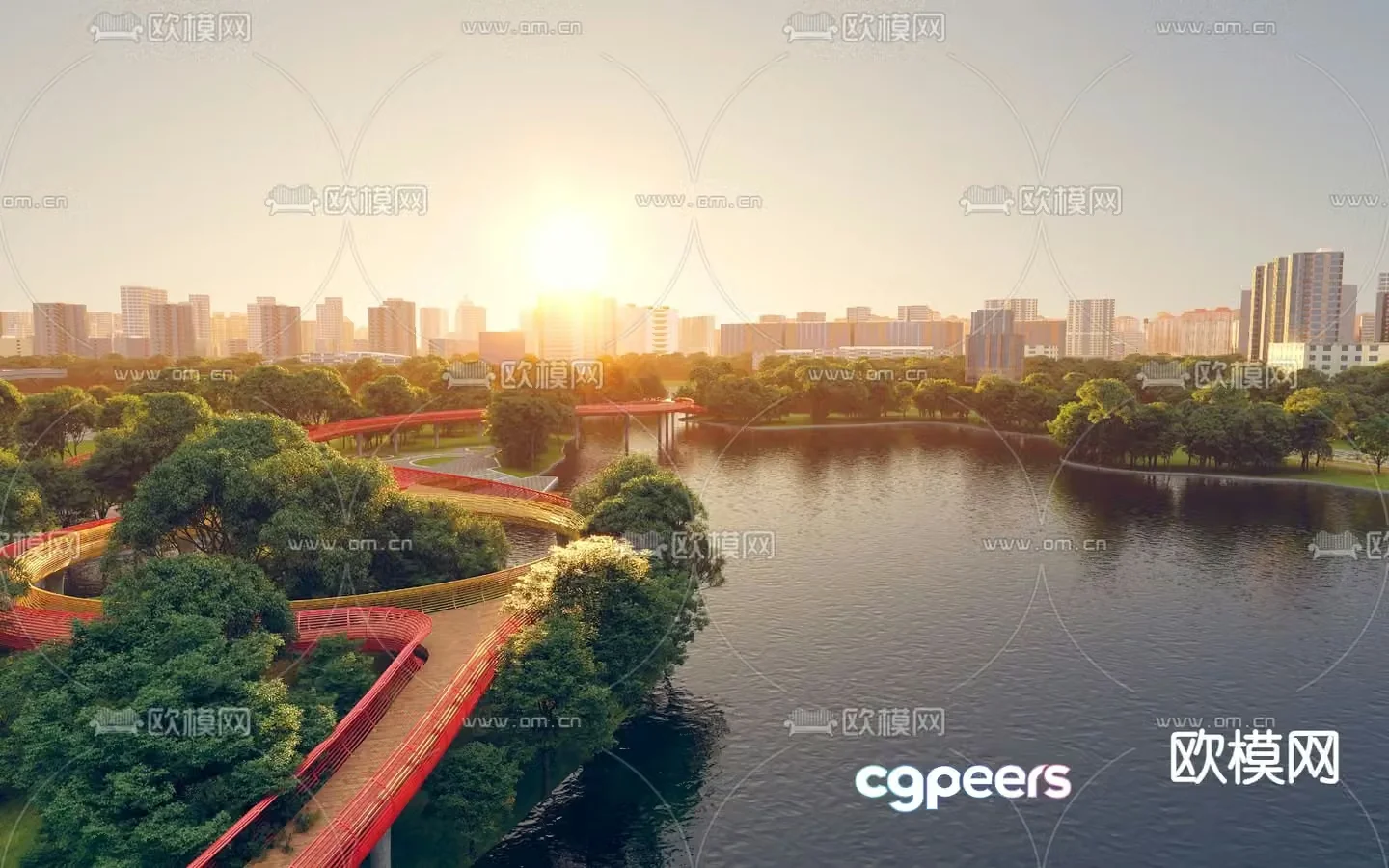 Riverside landscape bridge waterscape park landscape 3d model