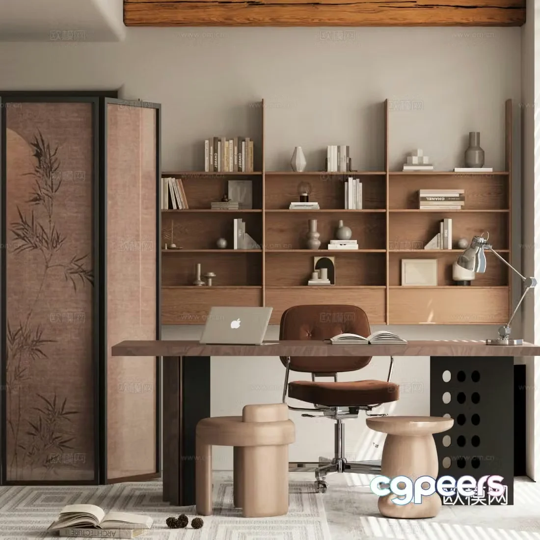 Middle-aged study room solid wood bookcase desk and chair combination screen 3D model
