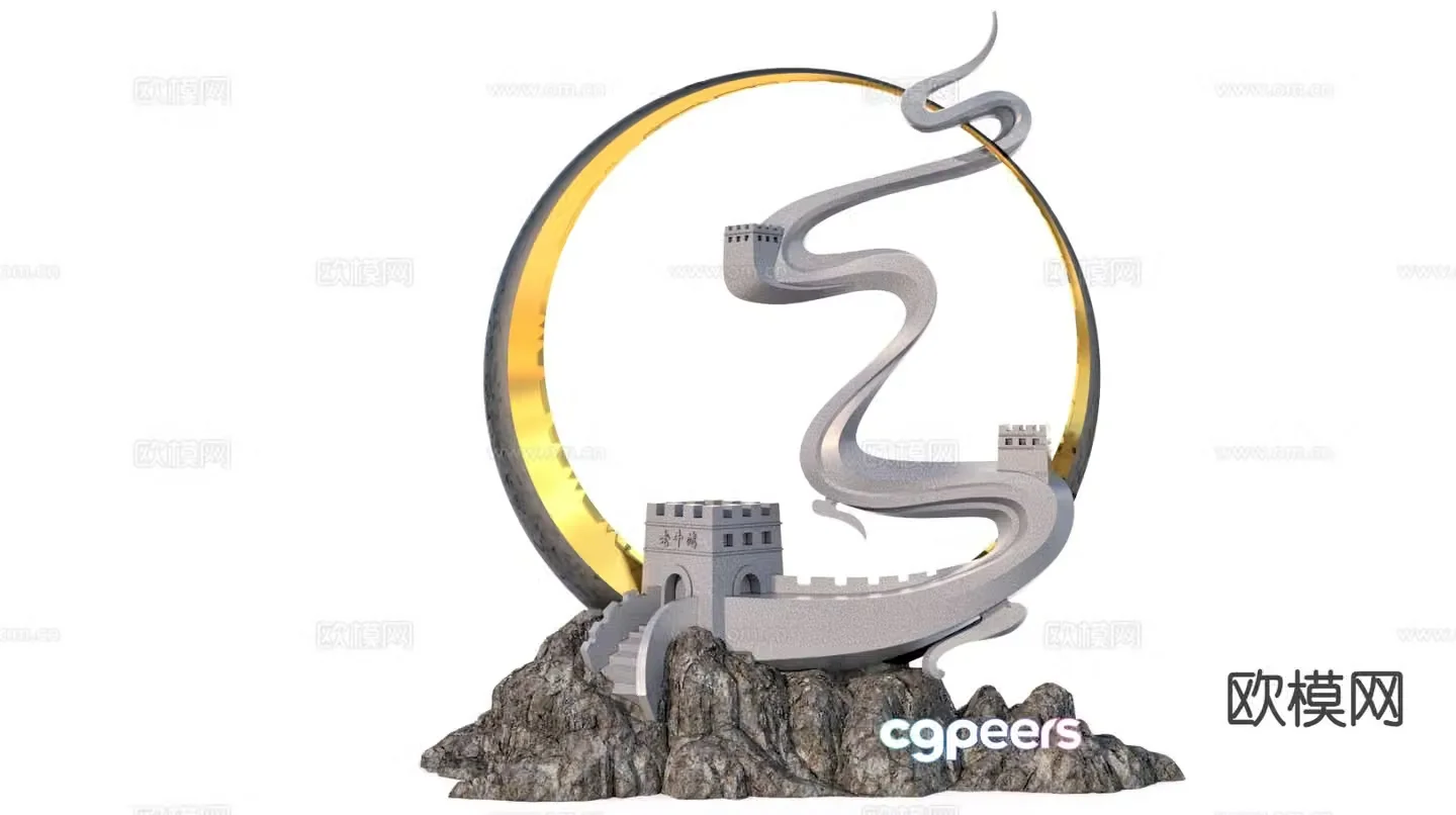 Scenic Spot Sign Sculpture Great Wall Street View Sketch 3D Model