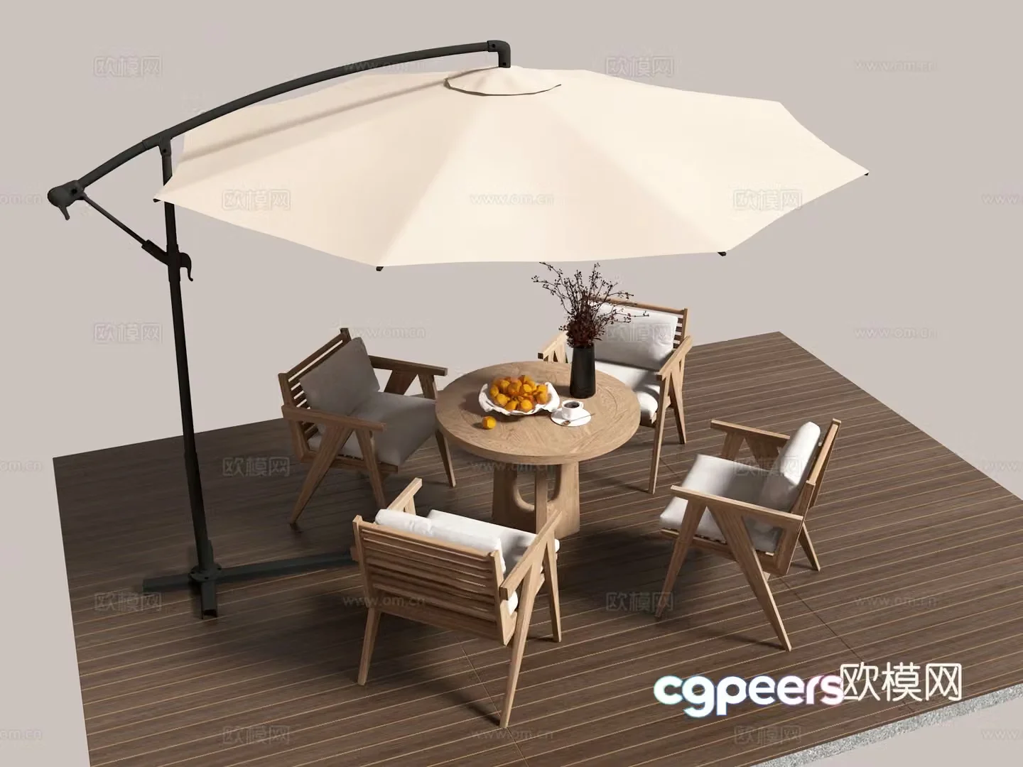 Outdoor leisure table chair parasol wooden floor 3d model