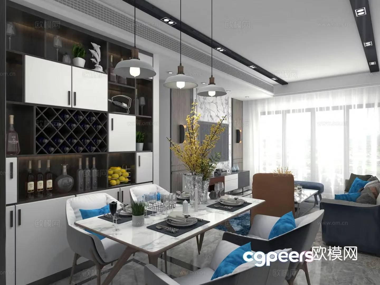 Modern restaurant dining table and chair wine cabinet chandeliers 3d model