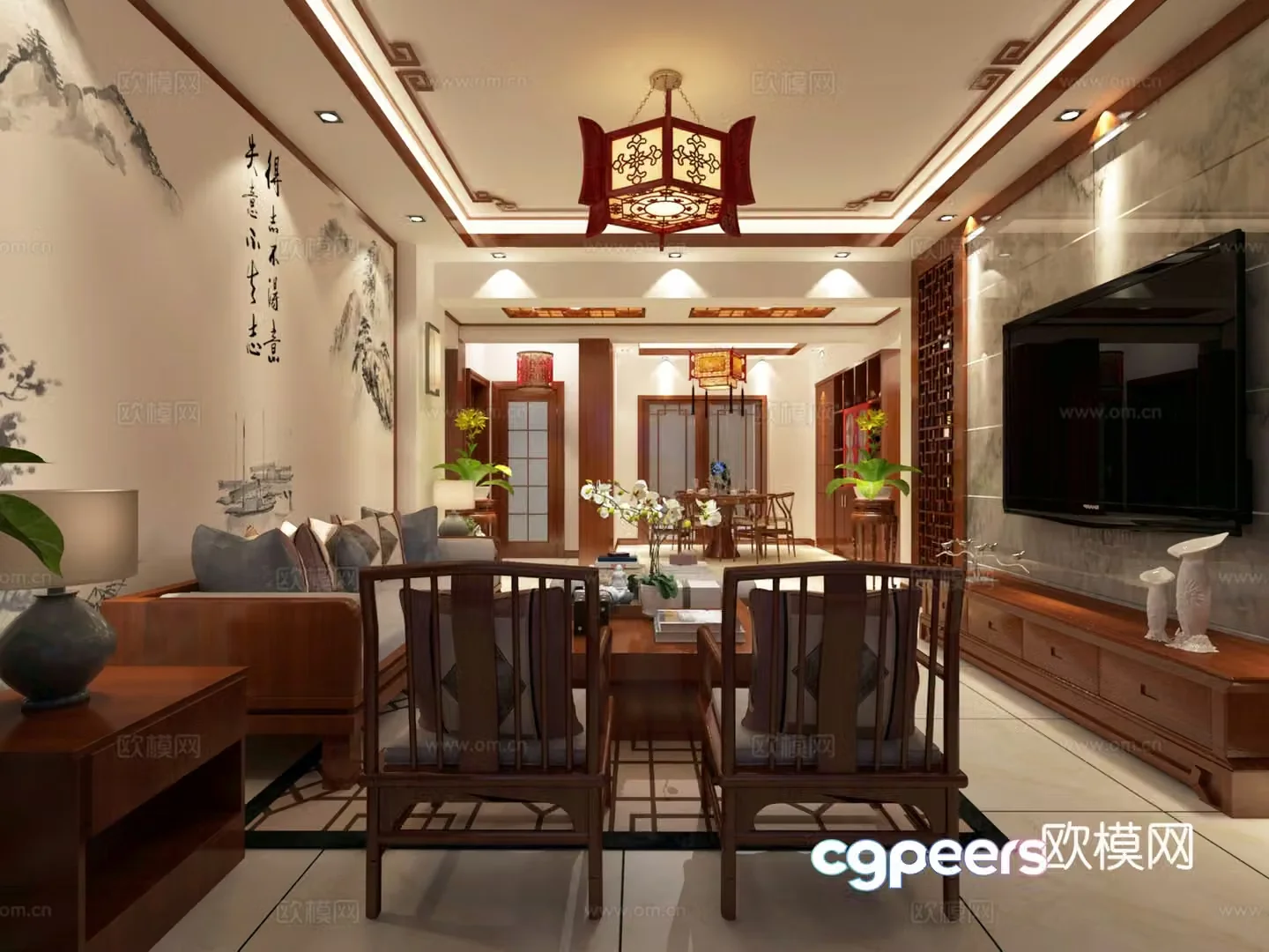 Zen Chinese style living and dining room sofa coffee table dining table chair hanging painting objects ornaments chandeliers 3D model