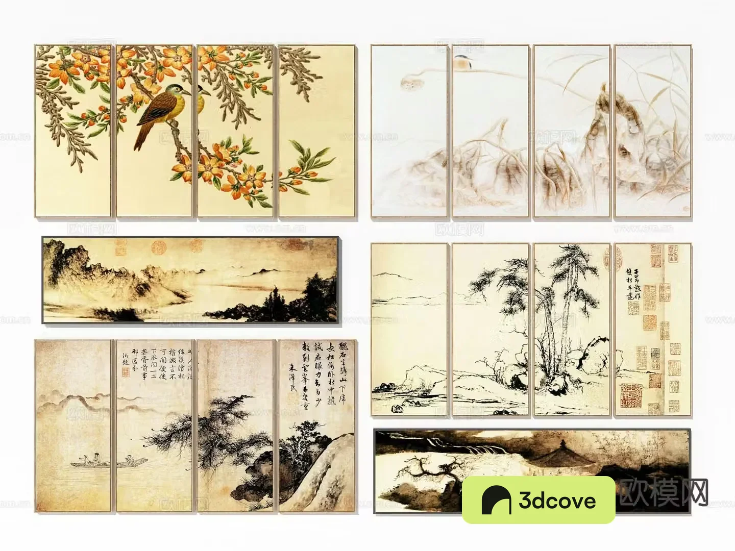 Chinese four-part flower and bird painting landscape hanging painting