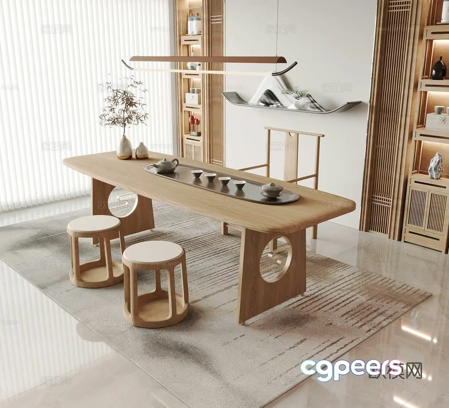 New Chinese-style tea table and chairs tea cabinets tea sets tea room chandelier 3D model