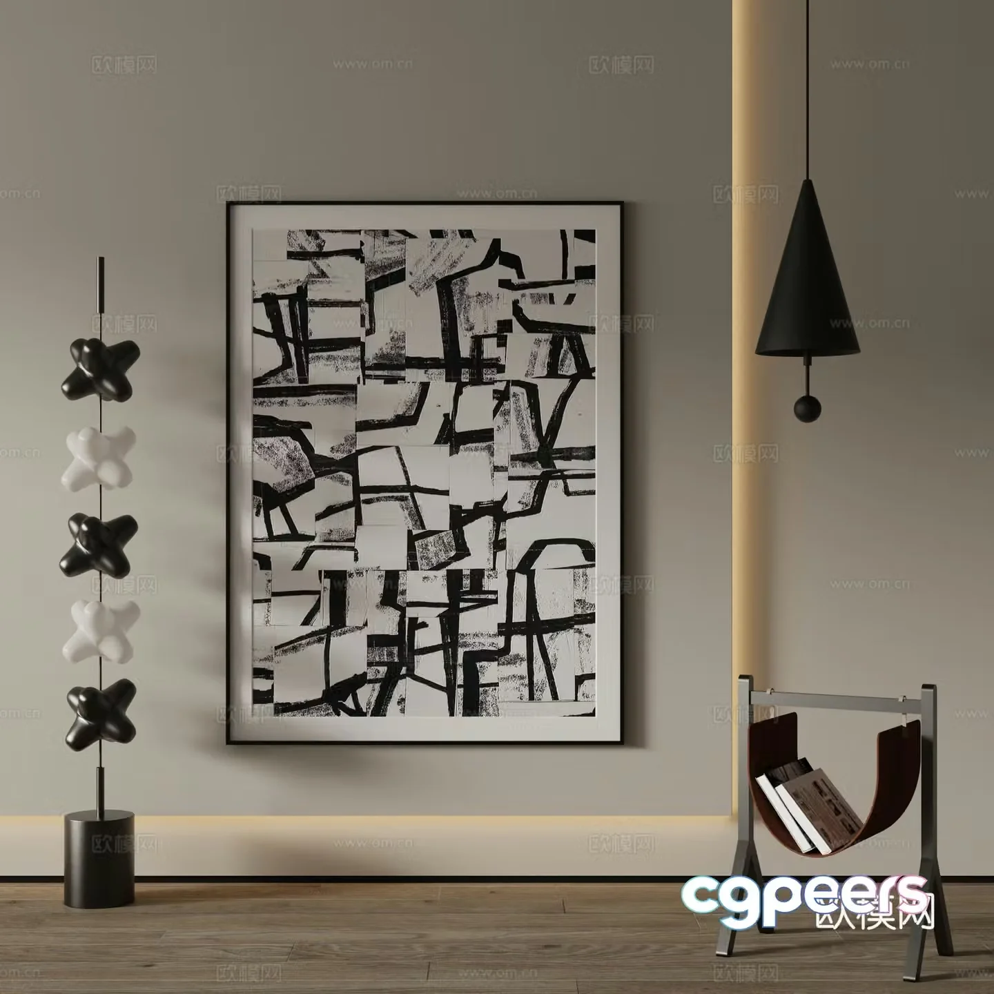 Modern decorative painting black and white abstract painting 3d model