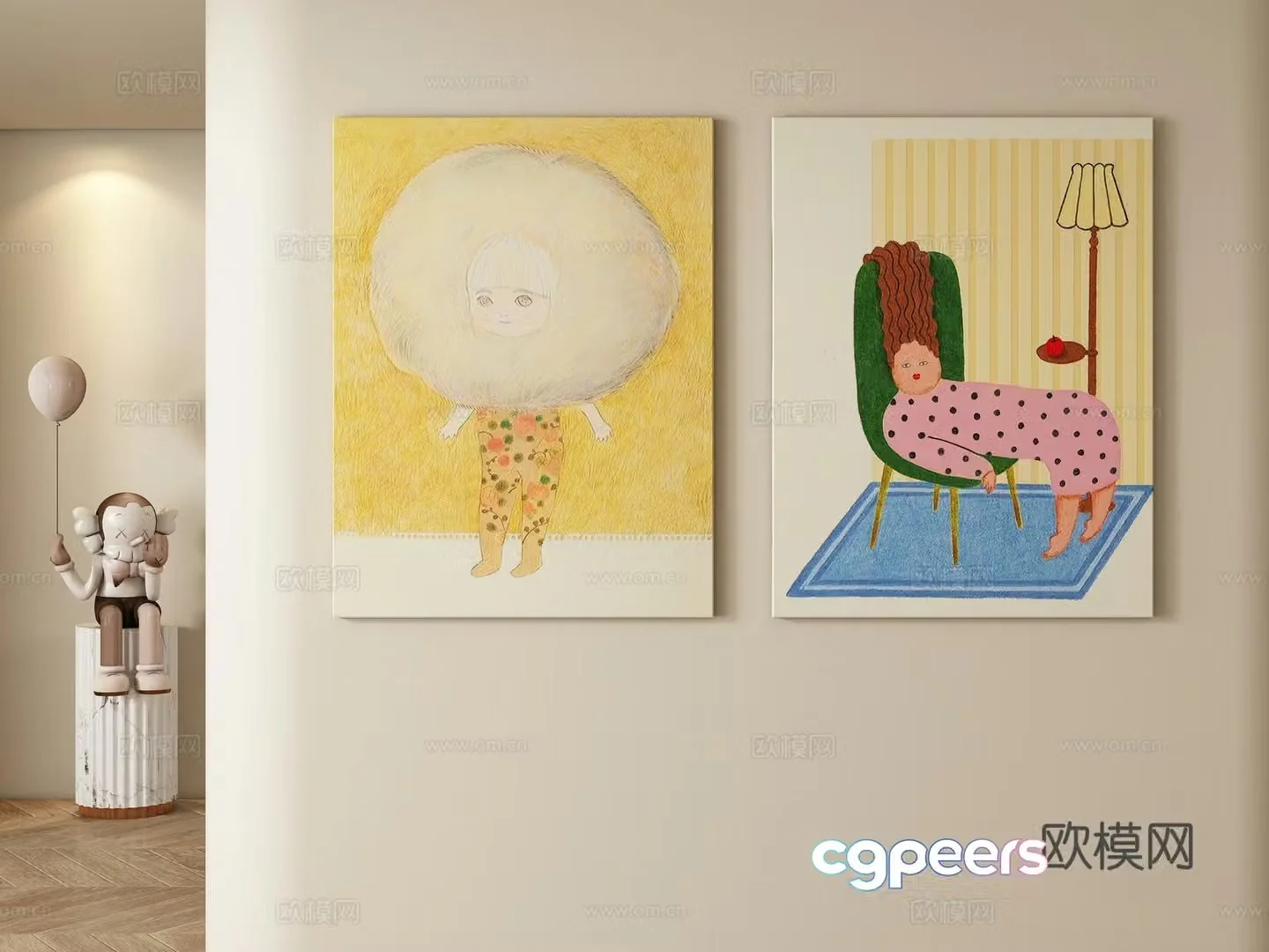Cream style decorative painting hanging painting 3d model