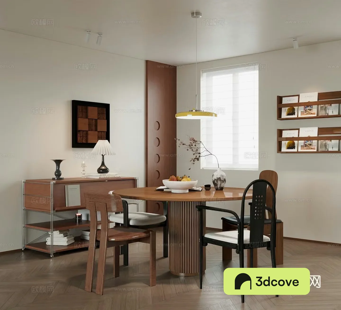 Middle-aged restaurant dining table and chairs side cabinets storage racks 3D model