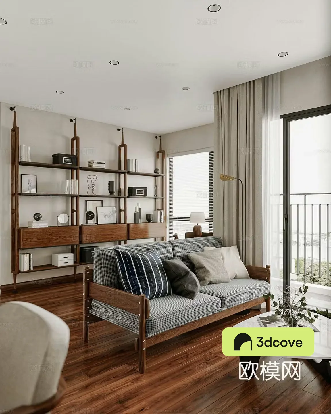 Middle style living room Middle style bookshelves modern living room Middle style sofa coffee table combination 3D model