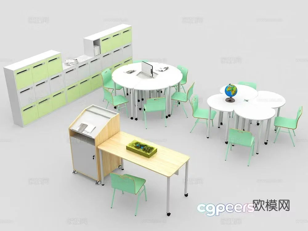 Student desk table podium locker classroom table and chair 3D model