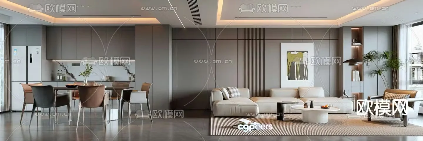 Modern living and dining room 3d model