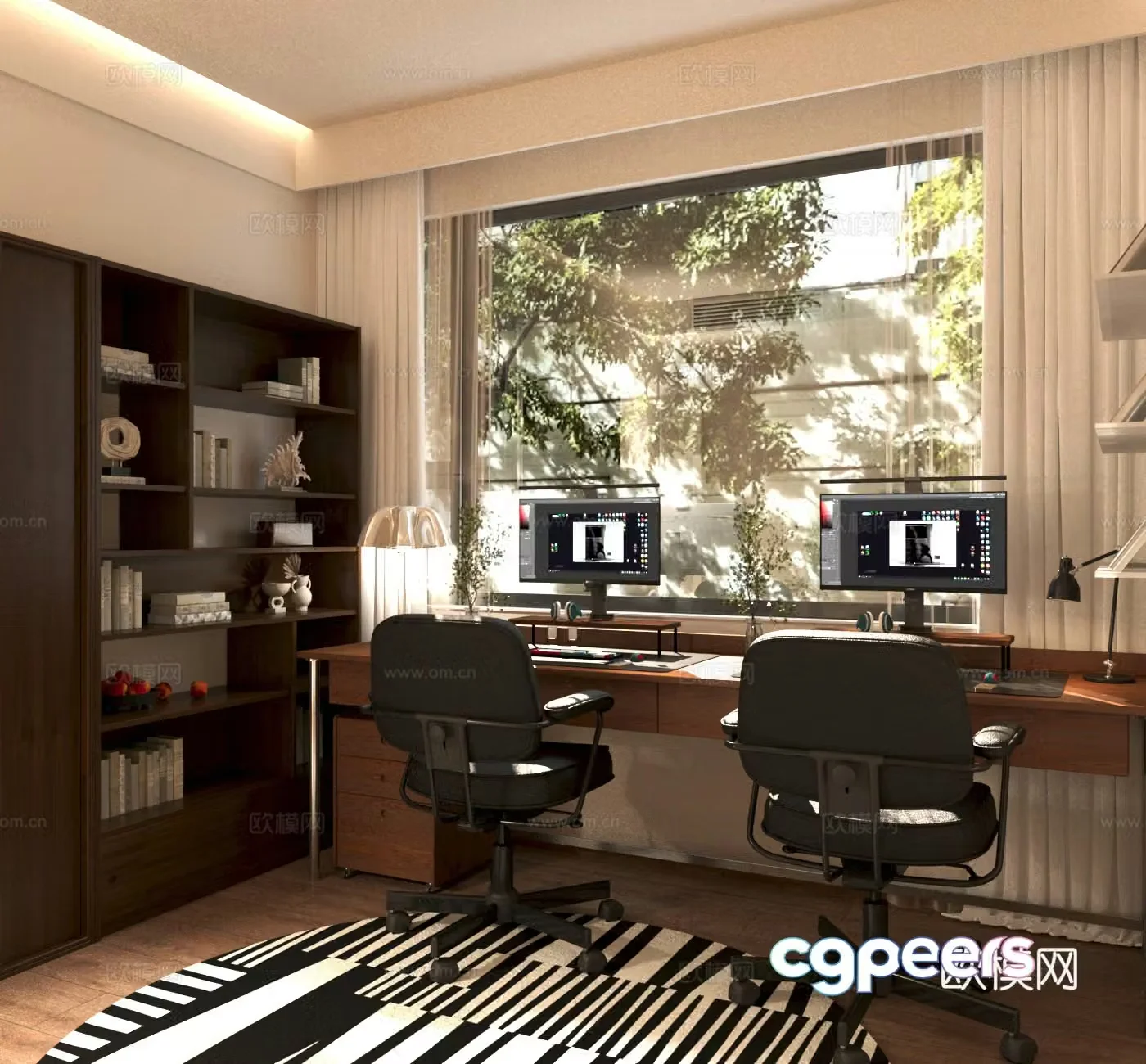 Middle-aged study bedroom study desk and chair combination solid wood bookcase 3D model