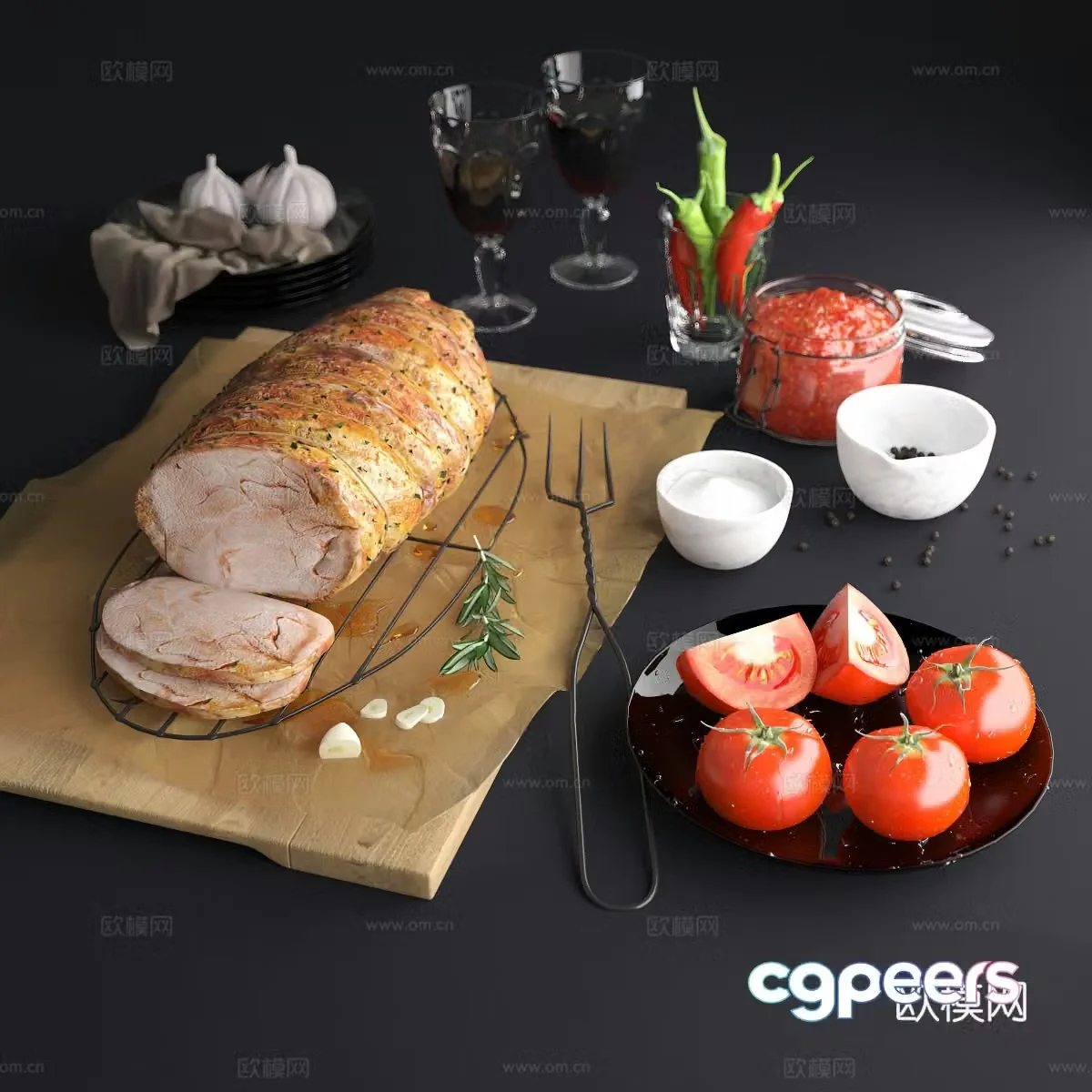 Dishes roasted pork tomatoes garlic 3d model