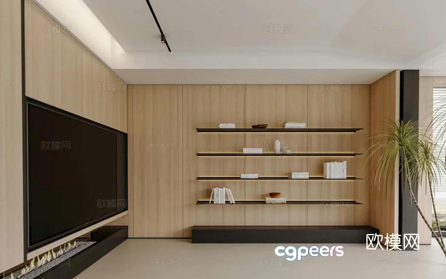 Modern TV cabinet background wall bookcase green plant 3d model