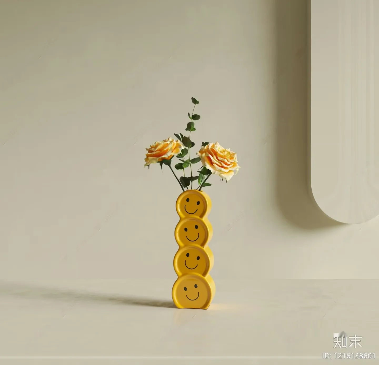 A Yellow Vase With A Smiley Face Design 3D Model – 15022 – VRAY Render