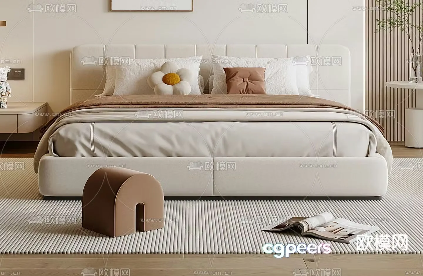 Cream style double bed 3d model