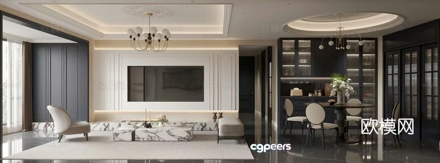 French living and dining room 3d model