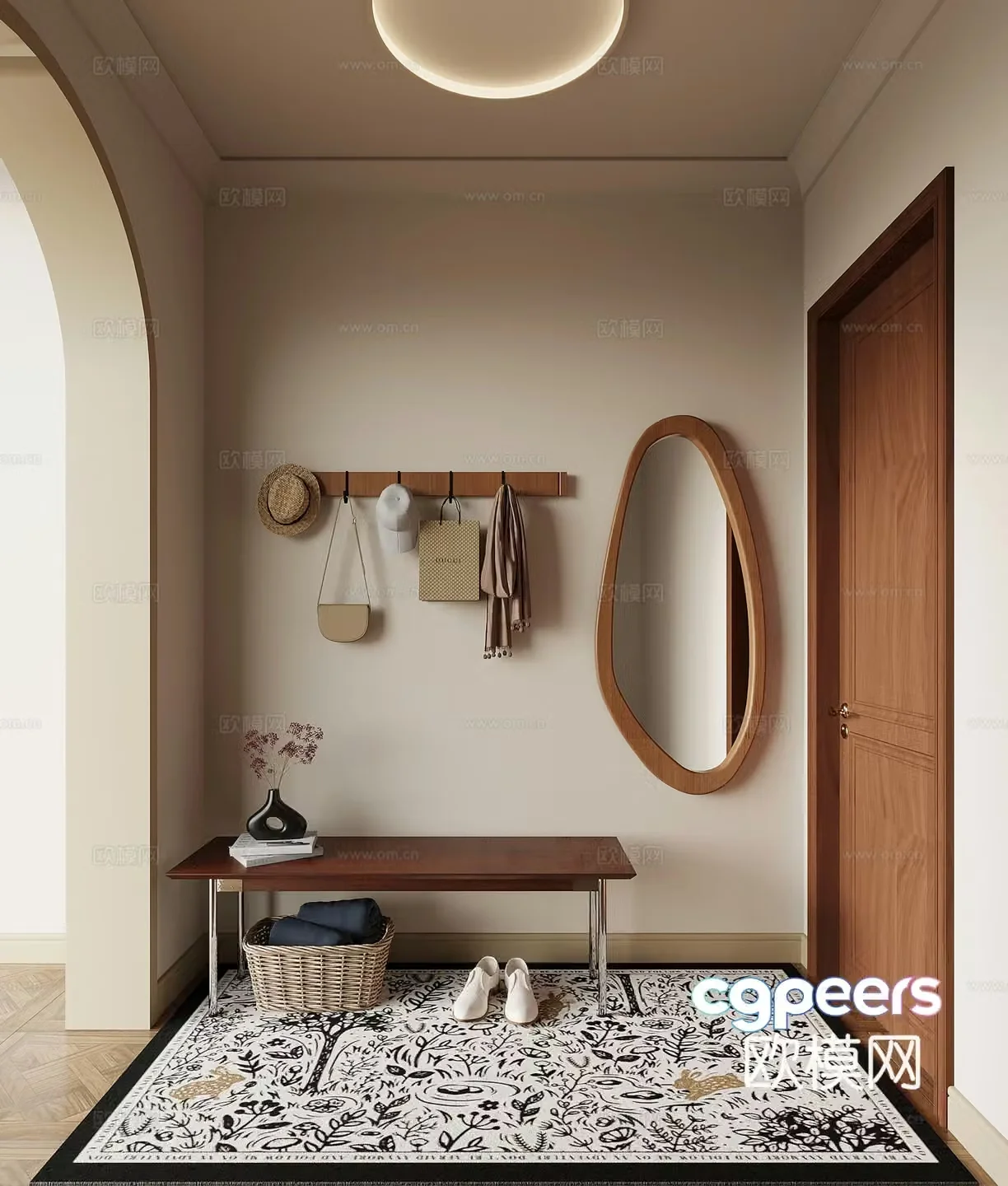 Middle-aged style entrance clothes hook shoe changing stool dressing mirror 3D model