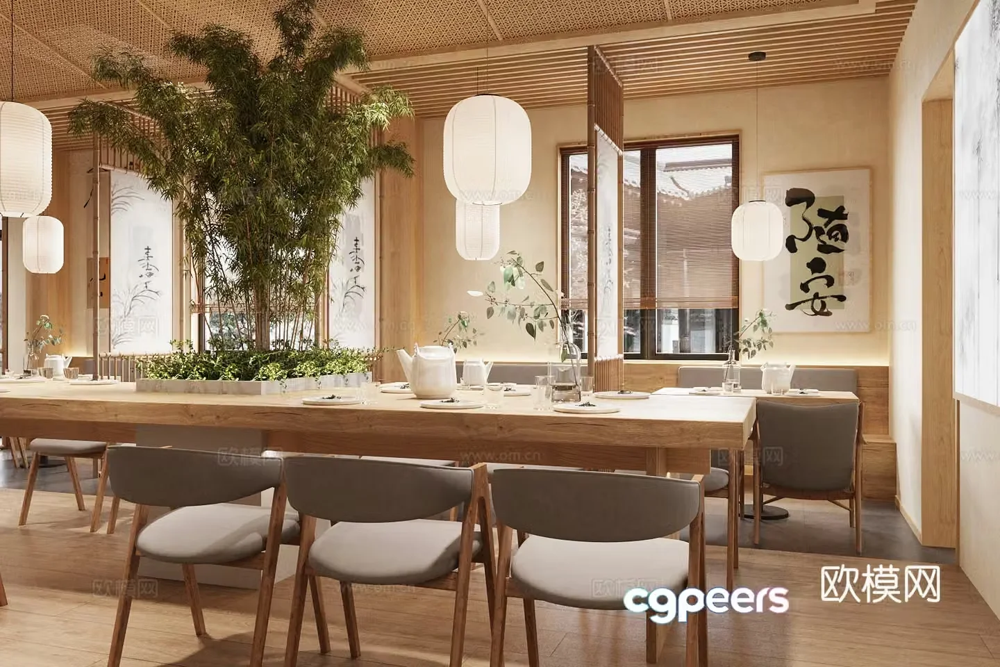 New Chinese-style vegetarian restaurant restaurant booth area 3D model