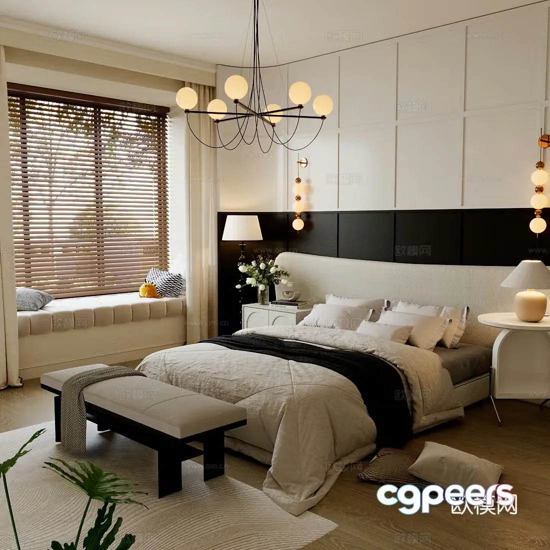 Medium retro home bedroom Medium style bedroom Leather double bed French retro bedroom Second bedroom 3D model