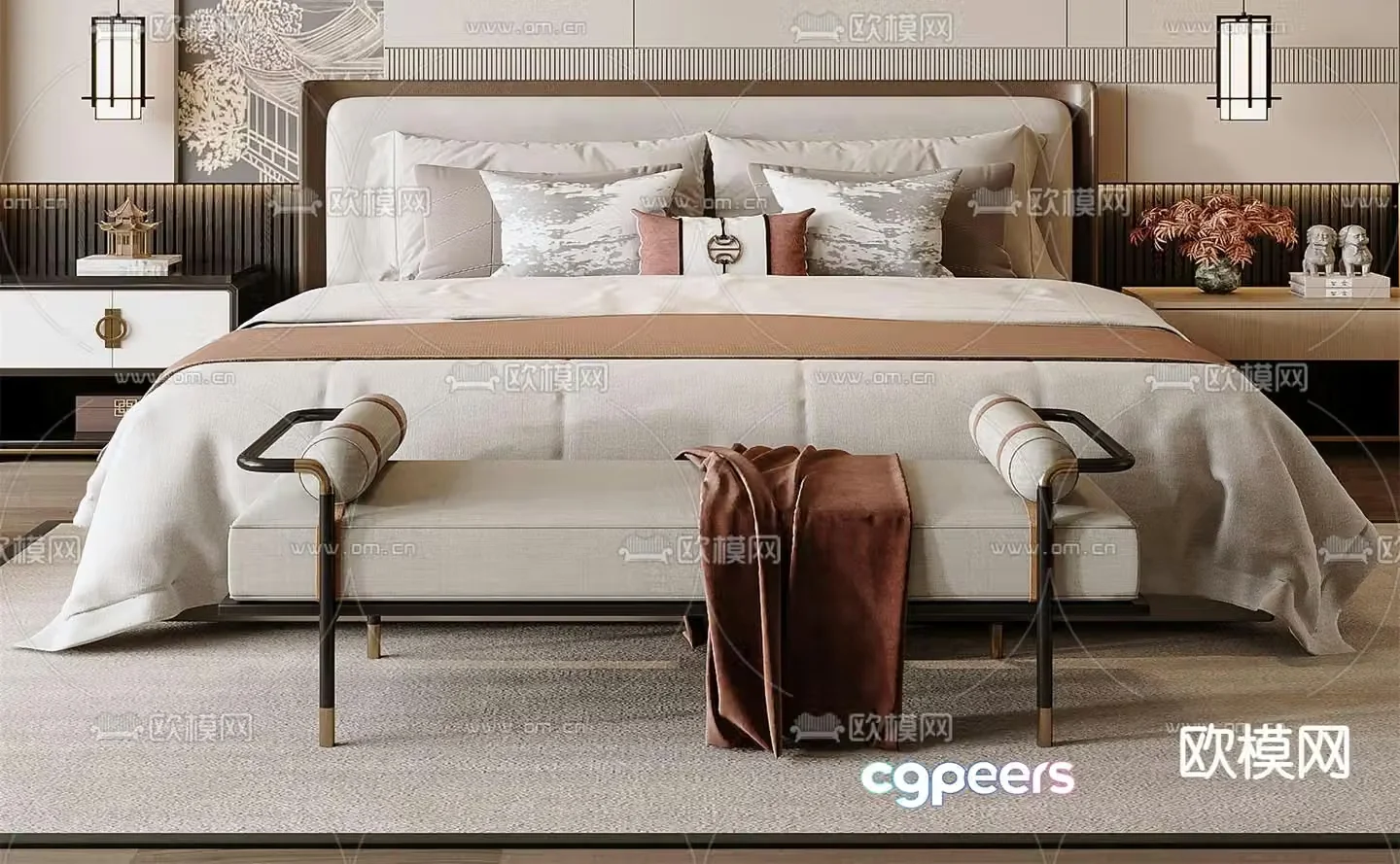 New Chinese style double bed 3d model