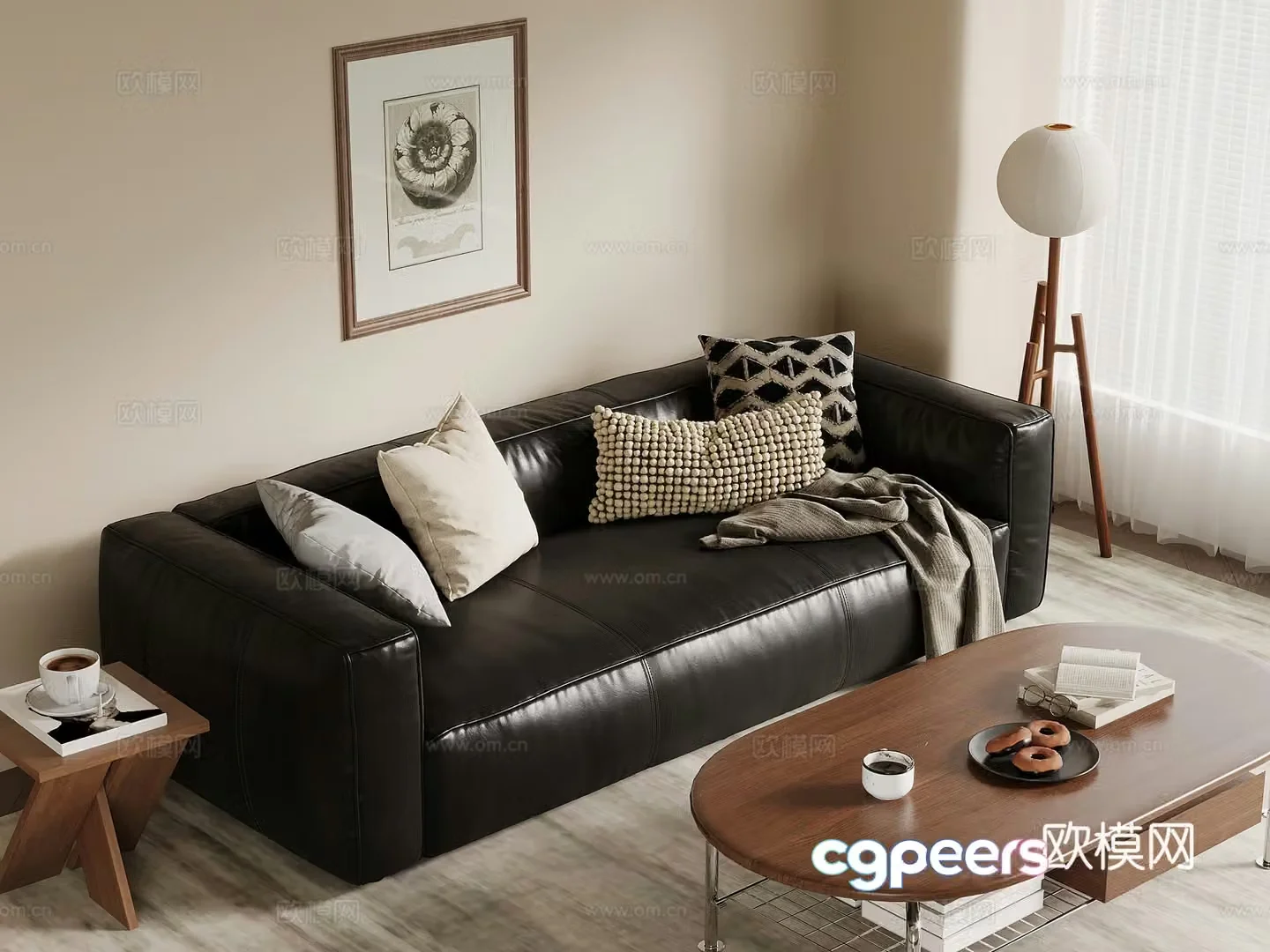 Retro style multi-person sofa leather sofa coffee table hanging painting floor lamp 3d model
