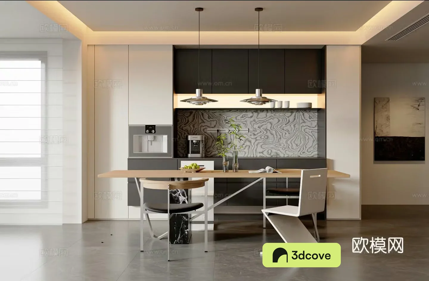 Modern Italian restaurant Dining table and chair combination Sideboard chandeliers Restaurant ornaments Dining chair Long table