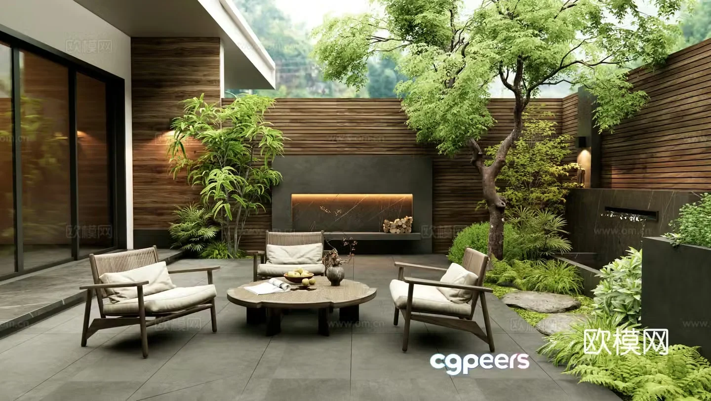 Modern villa courtyard balcony outdoor table and chairs shrub landscape trees water view wall flowers and plants 3d model