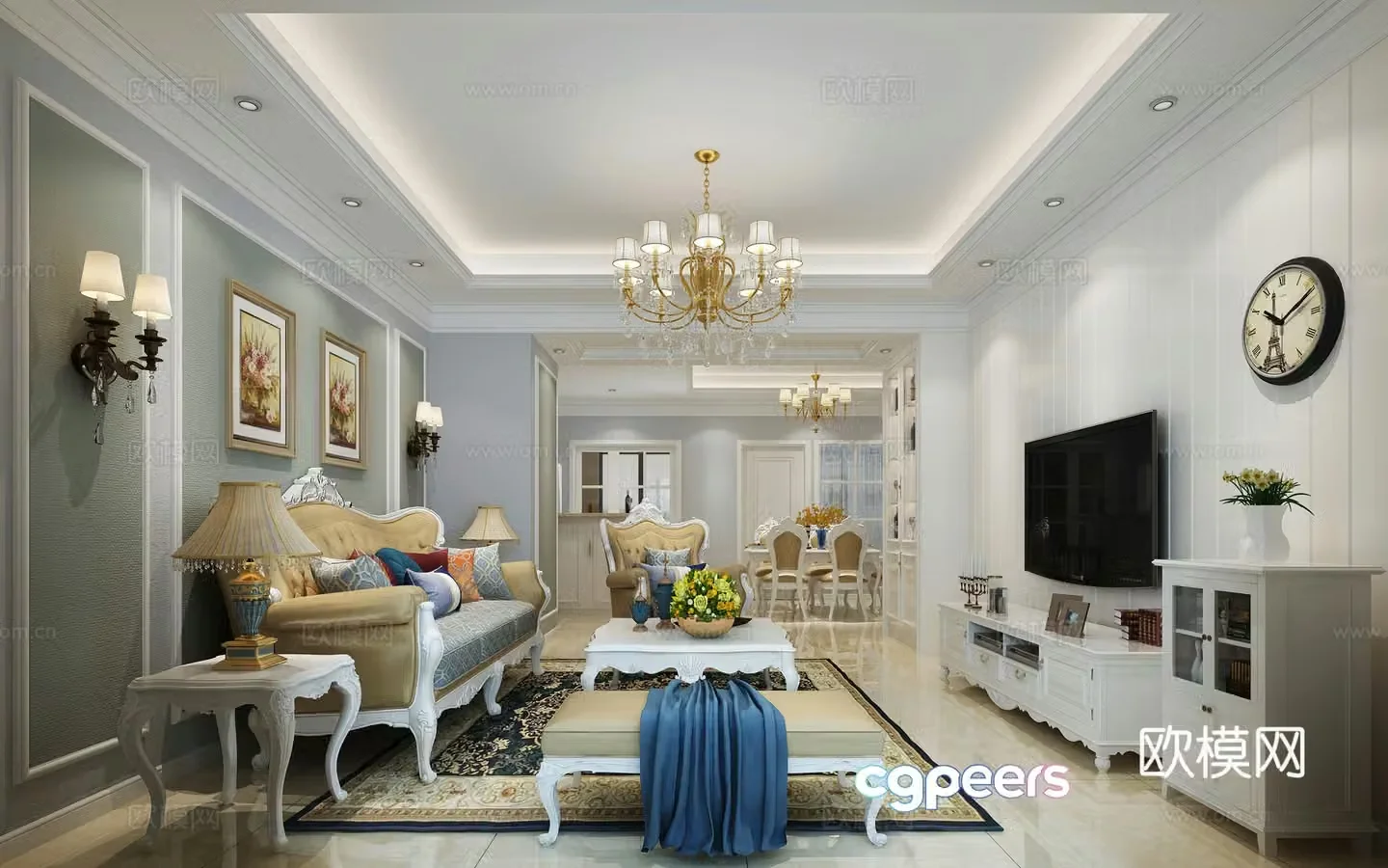 Simple European living and dining room sofa coffee table chandeliers TV cabinet hanging painting side cabinet dining table chair 3D model