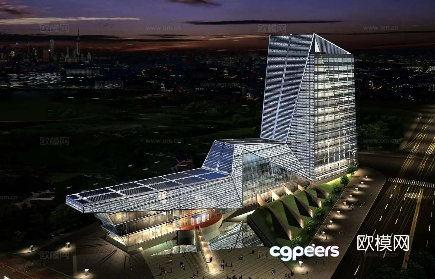 Multi -layer public construction office building appearance night scene 3D model