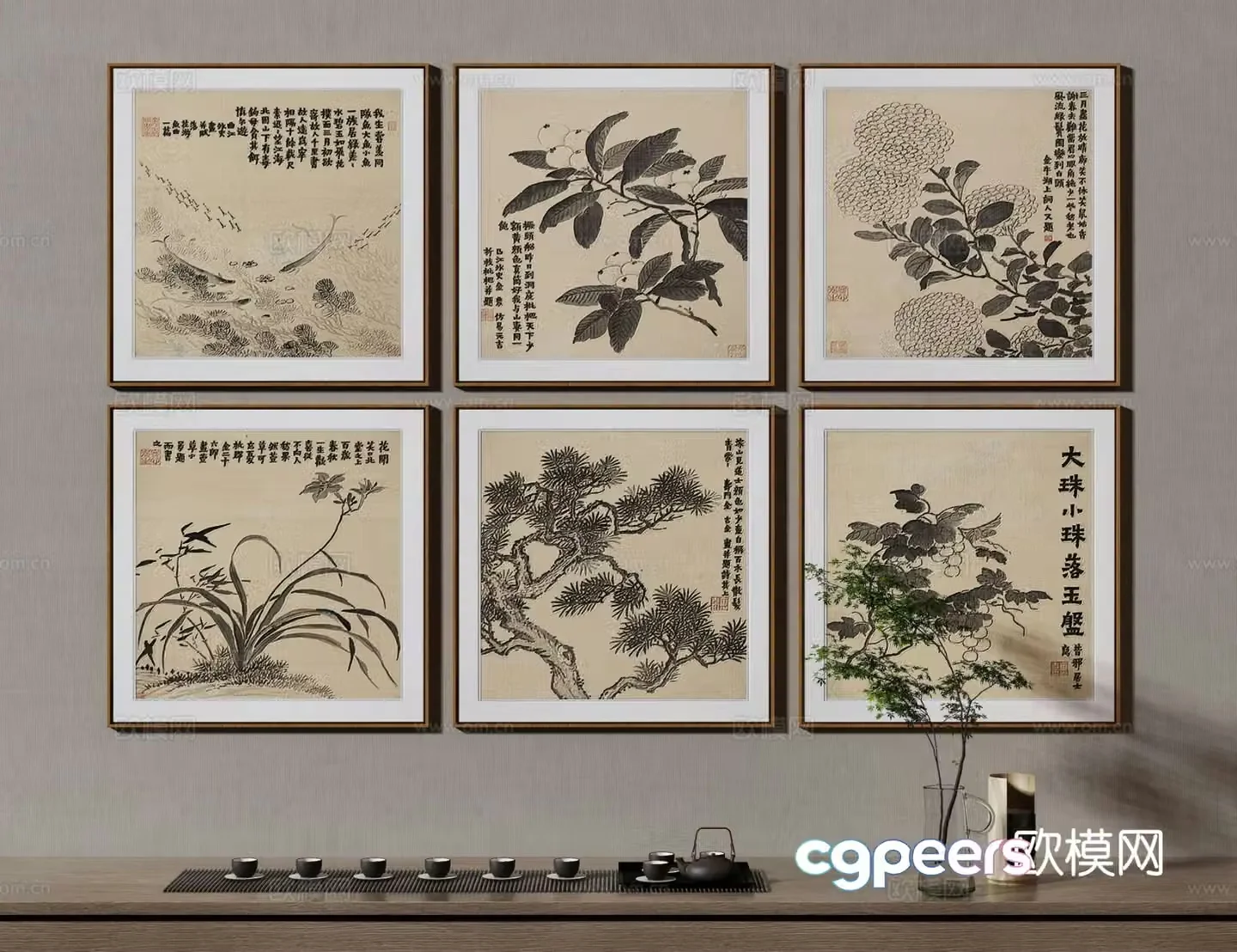 New Chinese style ink painting decorative painting 3D model