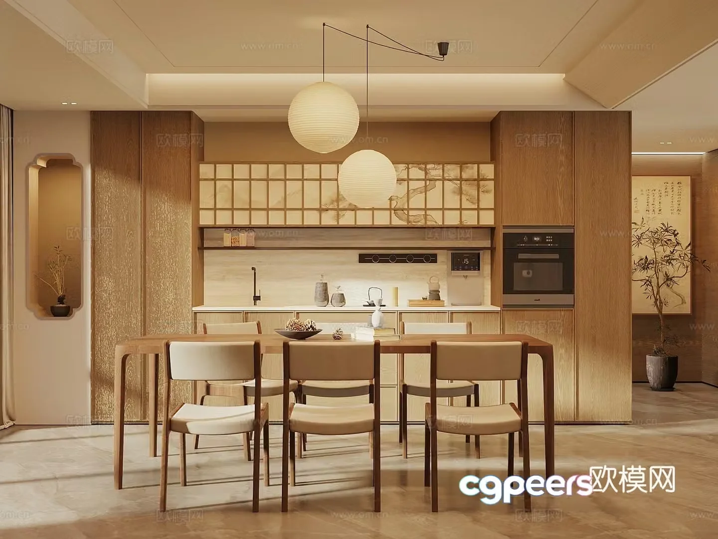 Song’s New Stroke Restaurant Wine Cabinet Side Cabinet Dining Table and Chair Combination Art Chandelier 3D Model