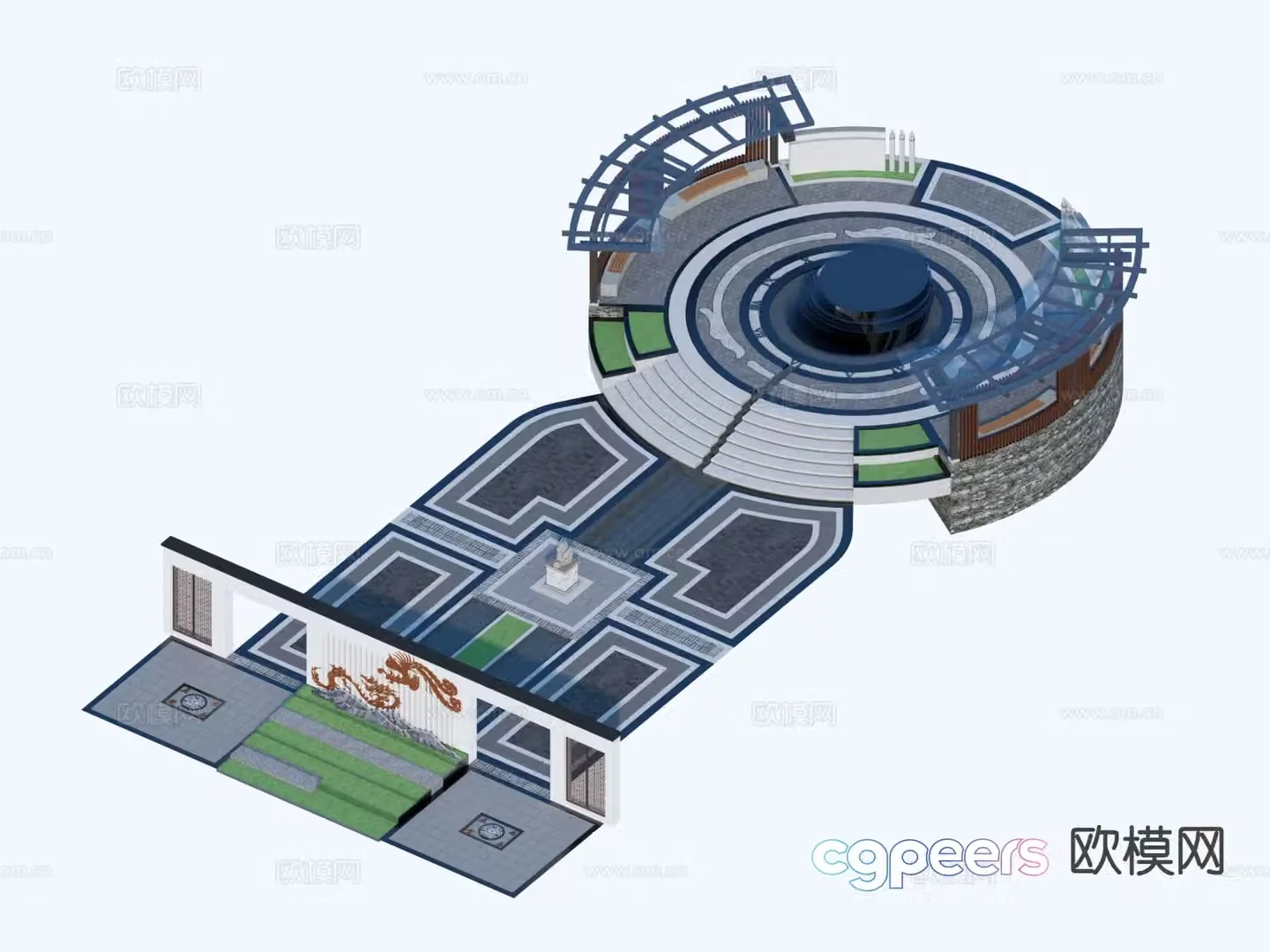 New Chinese style square park landscape 3d model
