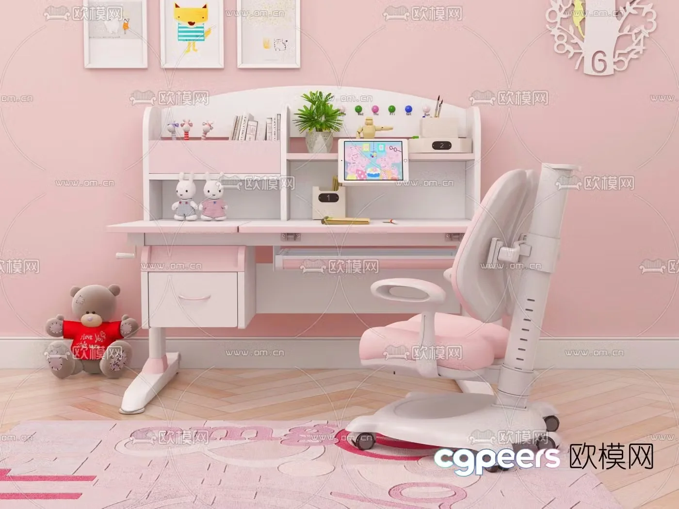 Modern children’s study desk and chair 3d model