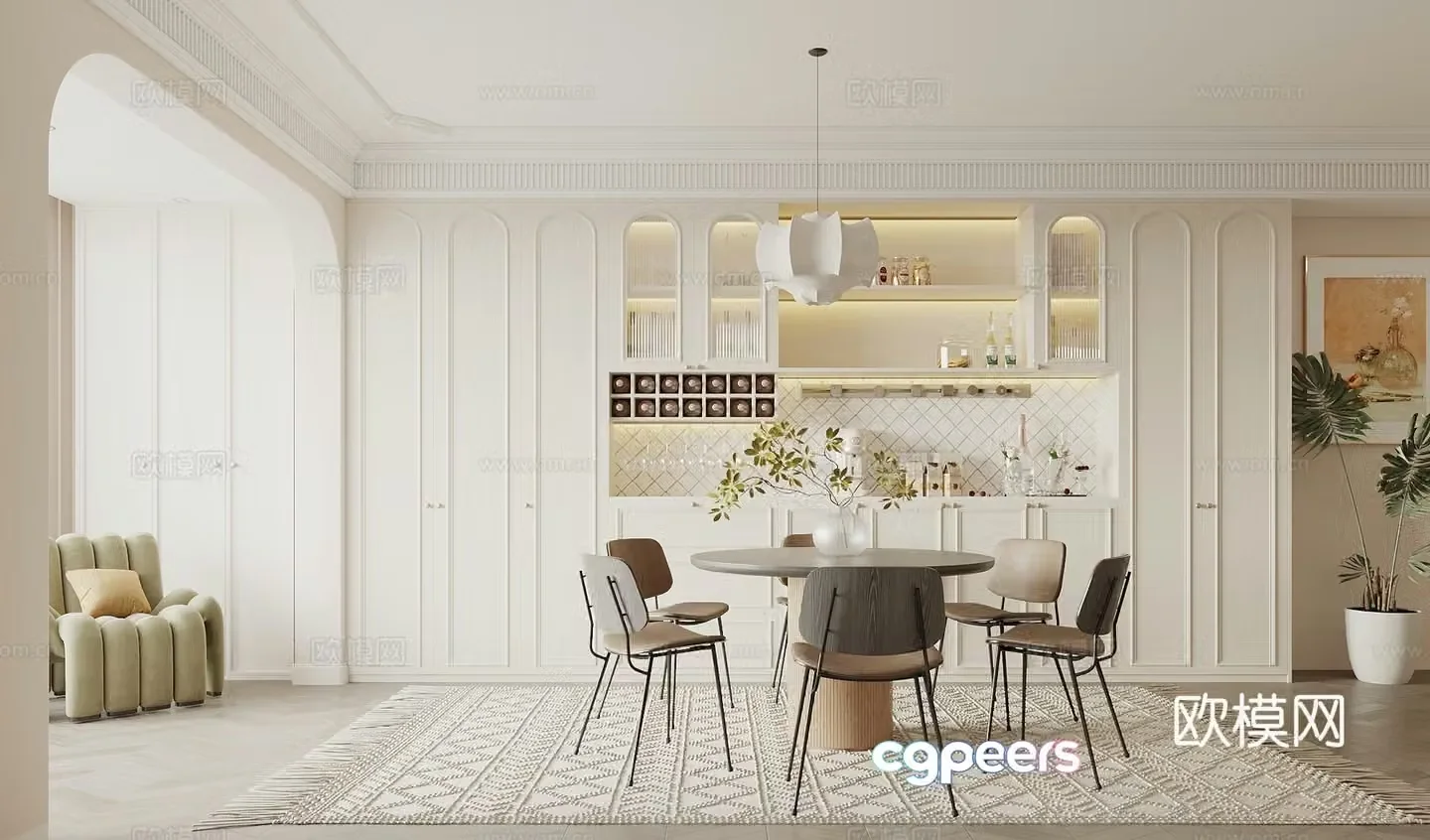 French simple European restaurant wine cabinet sideboard round table and chair combination art chandeliers leisure chair 3D model