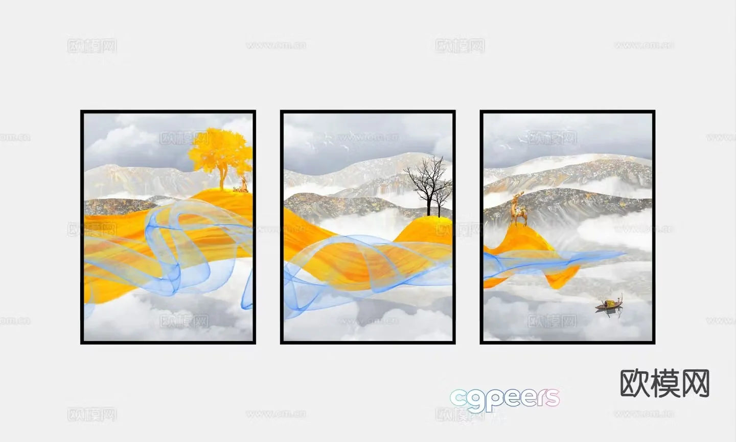 New Chinese style landscape painting decorative painting 3D model