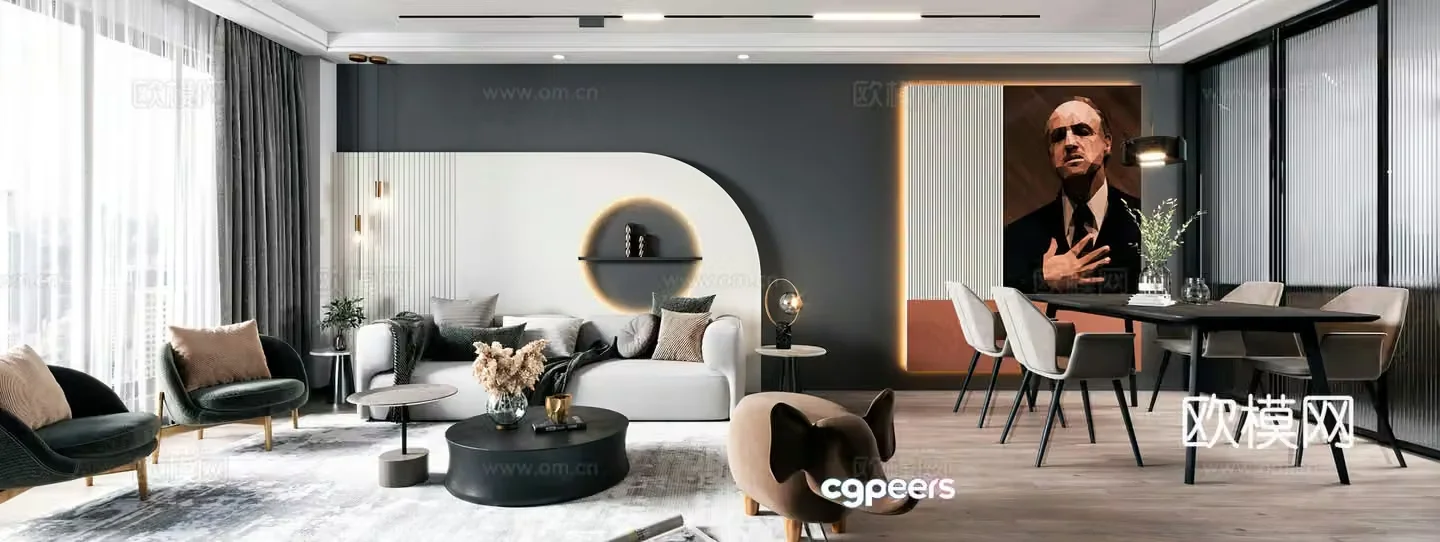 Italian living room modern living room combination sofa leisure chair dining table high-end gray 3D model