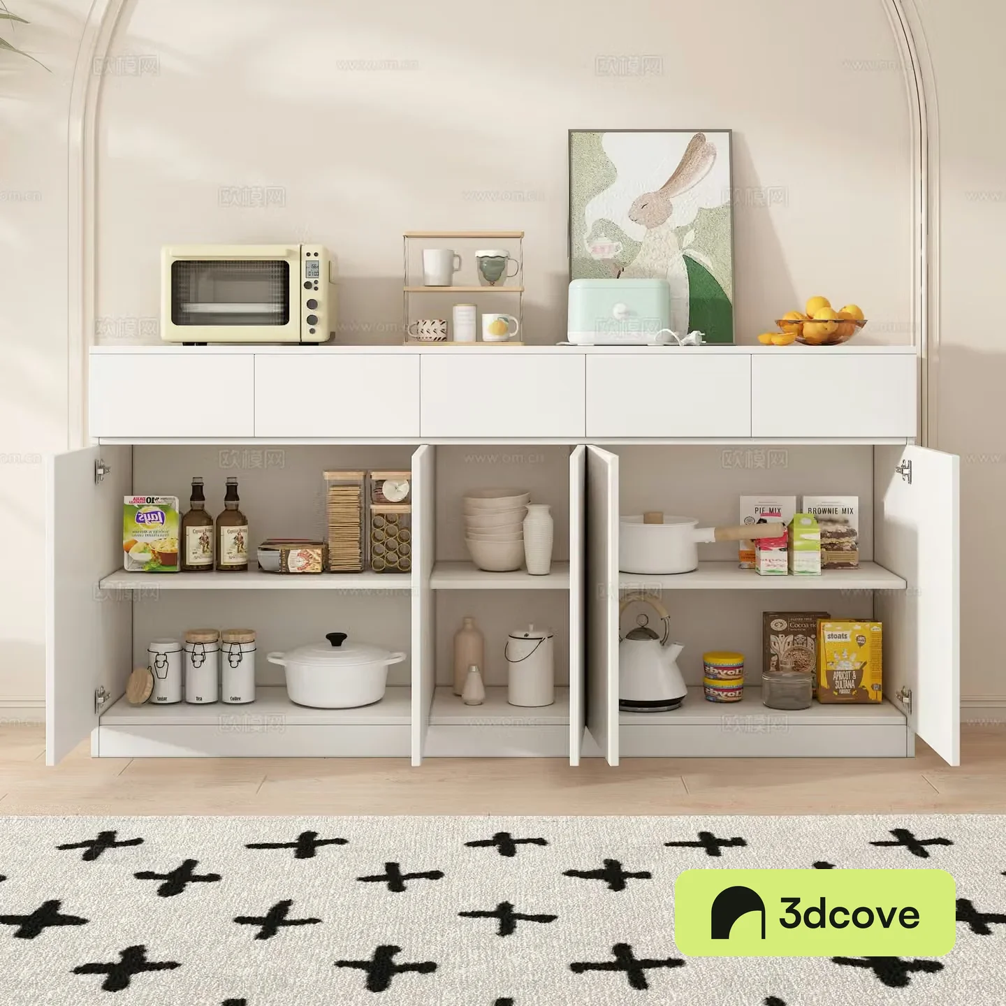 Sideboard Kitchen Supplies Microwave Fruit Water Cup Decorative Painting Pots and Pans Carpet