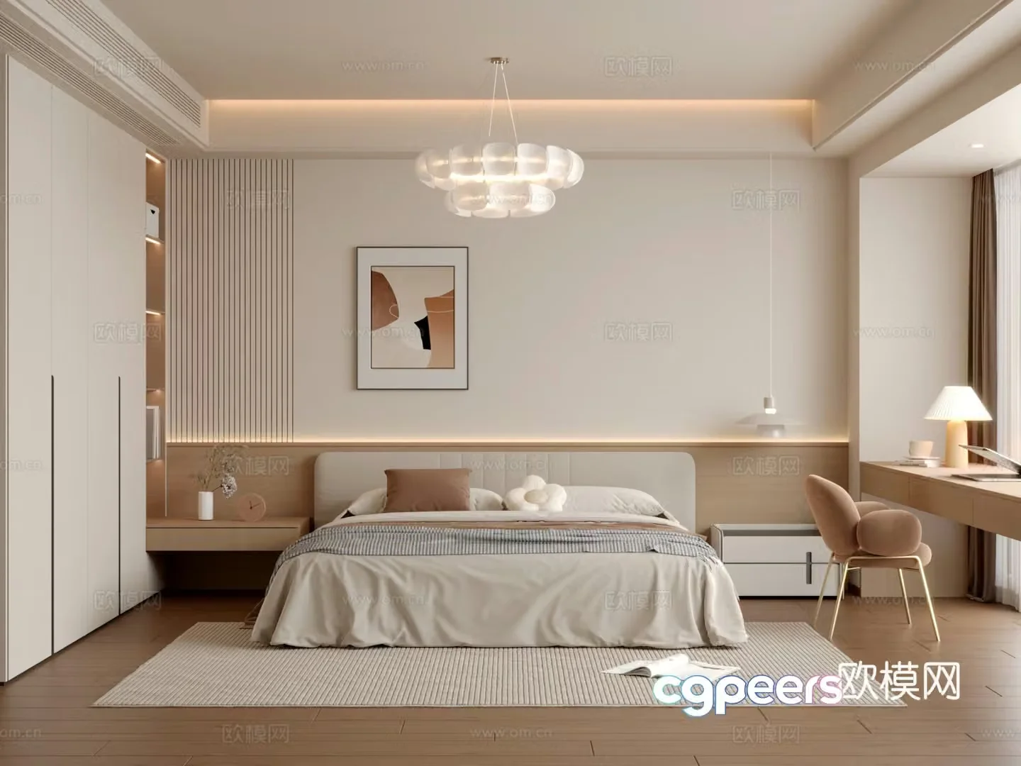 Modern creamy bedroom 3d model