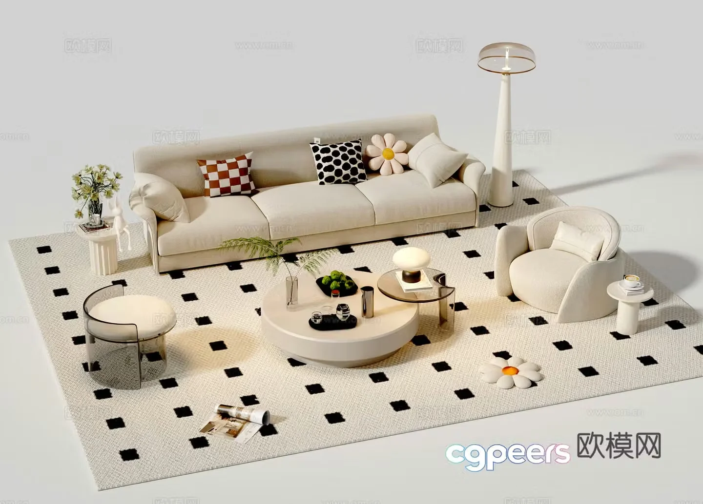 Creamy wind combination sofa 3d model