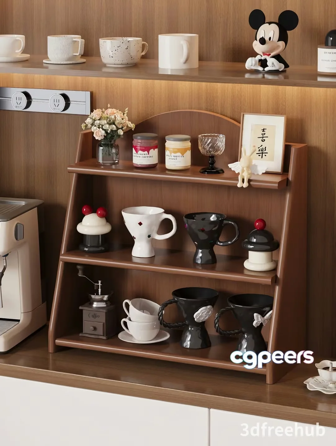 A Wooden Shelf With Coffee Mugs And A Coffee Machine 3D Model – 23511 – VRAY Render
